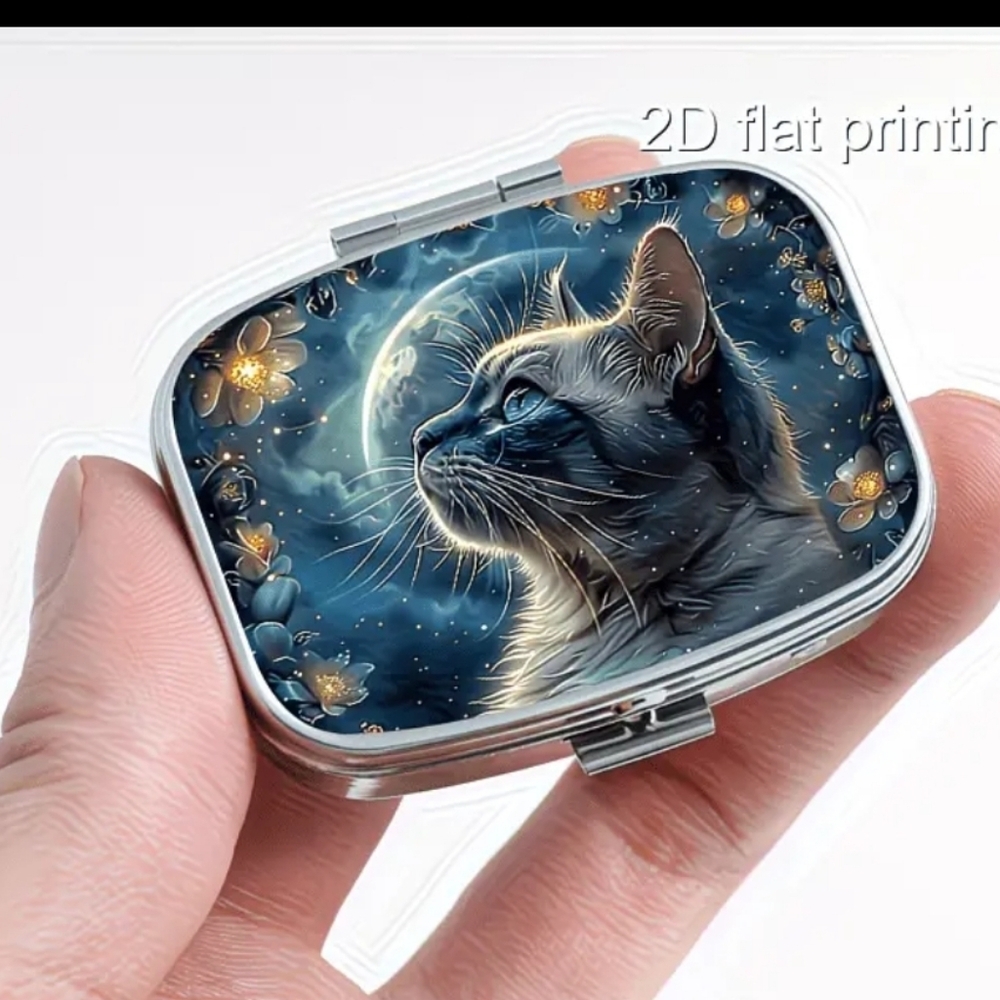 🆕️💊🐱 CAT PORTABLE METAL PILL BOX ORGANIZER WITH MIRROR🐱💊
